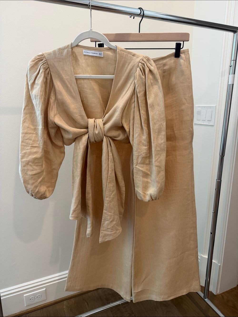 Faithfull the Brand Beige Tie-Front Puff Sleeve Top & Skirt Set